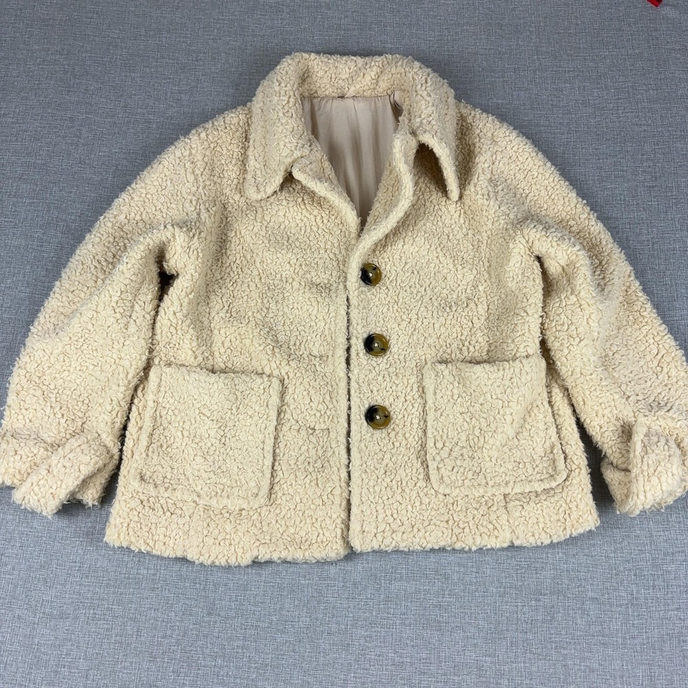 Free People Jacket Womens Largeβ White Sherpa Button Front Collared Lined Cozy